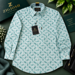 Mint Aqua Geometric Print Premium Cotton Linen Shirt - Image 2