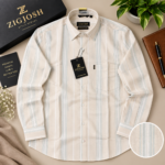 Premium Beige Vertical Stripe Cotton Linen Shirt - Image 2