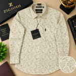 Premium Ivory Olive Abstract Print Full Sleeve Cotton Shirt - Image 2