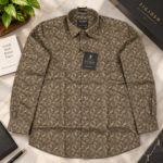 Olive Brown Geometric Printed Full Sleeve Cotton Linen Shirt - Image 2