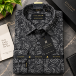 Charcoal Grey Abstract Leaf Print Full Sleeve Cotton Linen Shirt