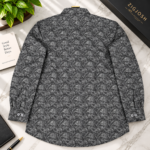 Charcoal Grey Abstract Leaf Print Full Sleeve Cotton Linen Shirt - Image 3