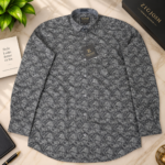 Charcoal Grey Abstract Leaf Print Full Sleeve Cotton Linen Shirt - Image 2