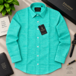 Aqua Teal Solid Linen Full Sleeve Shirt - Image 2
