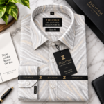 White Grey Abstract Leaf Print Full Sleeve Cotton Linen Shirt