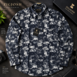 Navy Blue Abstract Printed Full Sleeve Cotton Linen Shirt - Image 2