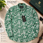 Green Floral Print Full Sleeve Cotton Linen Shirt. - Image 2