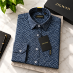 Grey Geometric Pattern Full Sleeve Cotton Linen Shirt