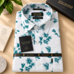 White Teal Floral Print Full Sleeve Cotton Linen Shirt