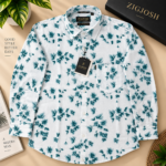 White Teal Floral Print Full Sleeve Cotton Linen Shirt - Image 2
