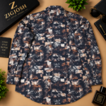 Navy Abstract Print Cotton Linen Shirt - Image 3